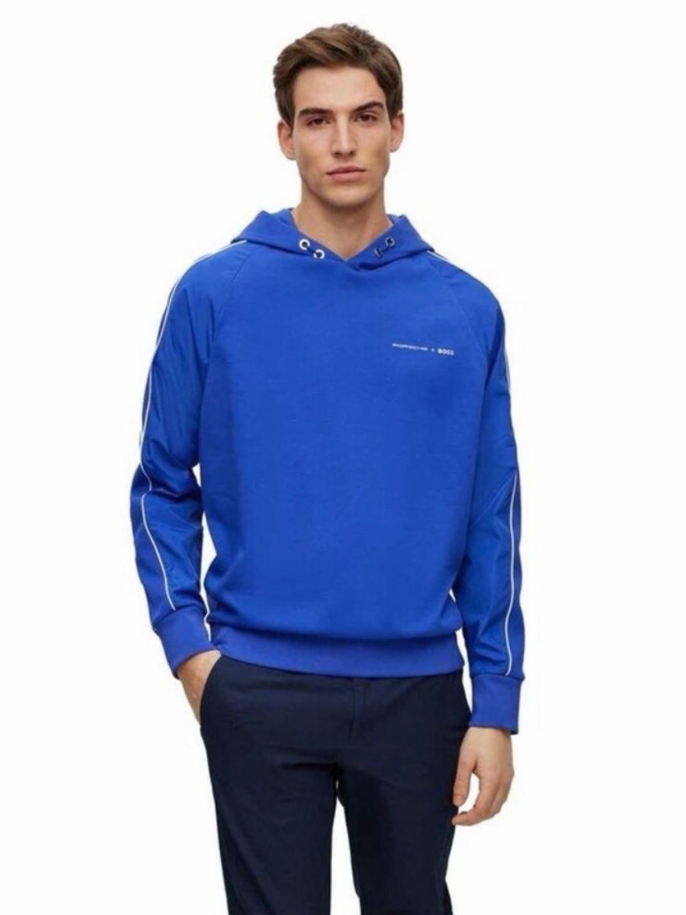 Porsche x BOSS Mercerised Performance Hoodie Blue Mesh Panel Luxury Sweatshirt